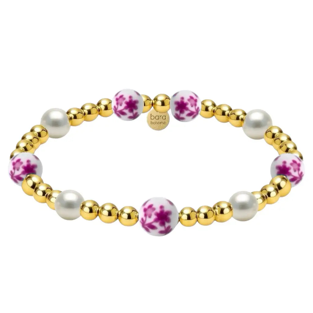 Cherry Blossom Gold Filled Beaded Bracelet with pink Porcelain and Pearls