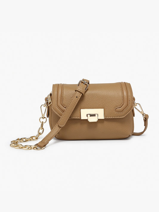 Chic Detailed Snap Crossbody, Three Compartments, Push-Lock Closure, Adjustable/Removable Strap, Light Brown Color.