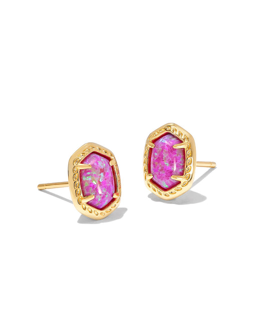 Gold stud earrings with a pink opal stone.