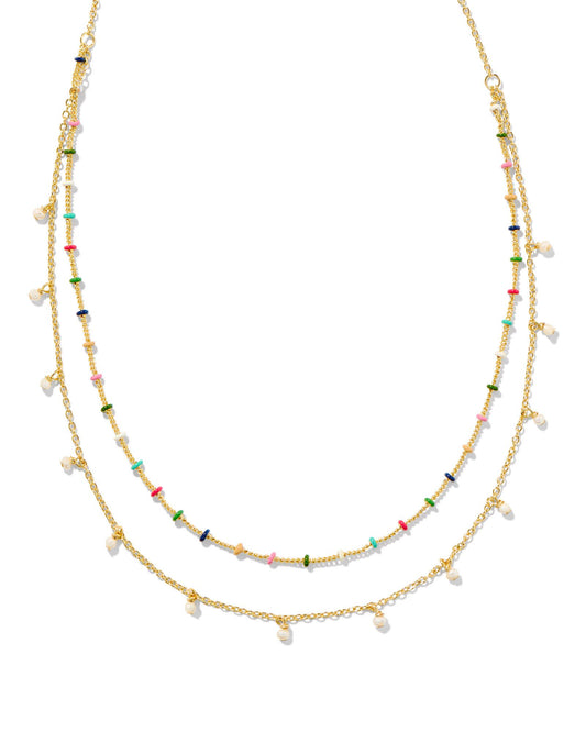 two strand gold necklace. one strand is lined with enamel multi colored beads, and the other has small pearl charms