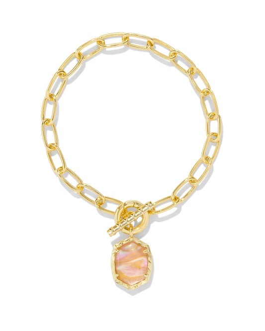 gold chain link bracelet with pink iridescent abalone stone