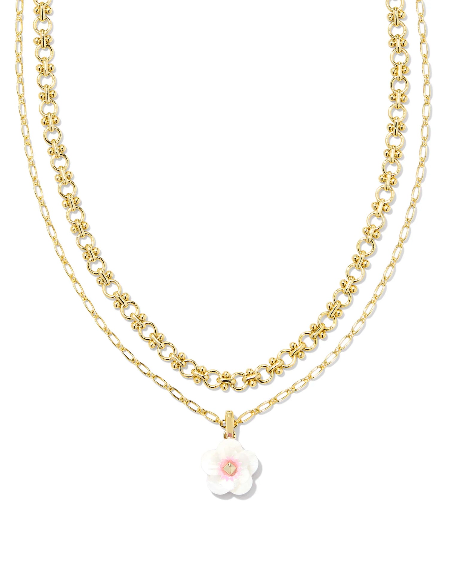Metal14k Yellow Gold Over Brass MaterialIridescent Pink White Mix ClosureLobster Clasp Size16",16.5" Chains With 3" Extender, , 0.55"L X 0.54"W Pendant