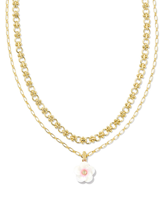 Metal14k Yellow Gold Over Brass MaterialIridescent Pink White Mix ClosureLobster Clasp Size16",16.5" Chains With 3" Extender, , 0.55"L X 0.54"W Pendant