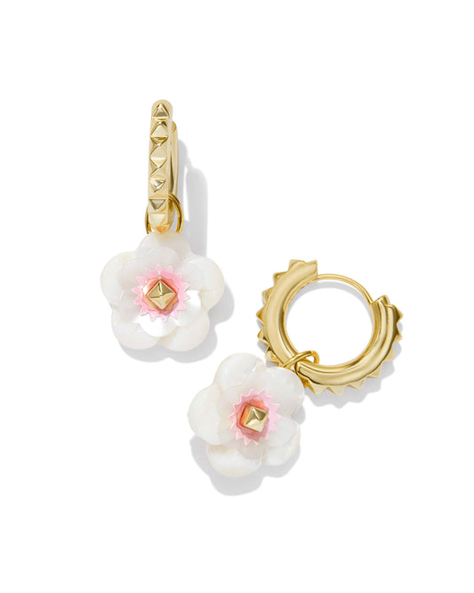Metal14k Yellow Gold Over Brass MaterialIridescent Pink White Mix ClosureEar Post Size0.68" Outside Diameter, 0.55"L X 0.54"W Charm flower charm on a gold huggie earring