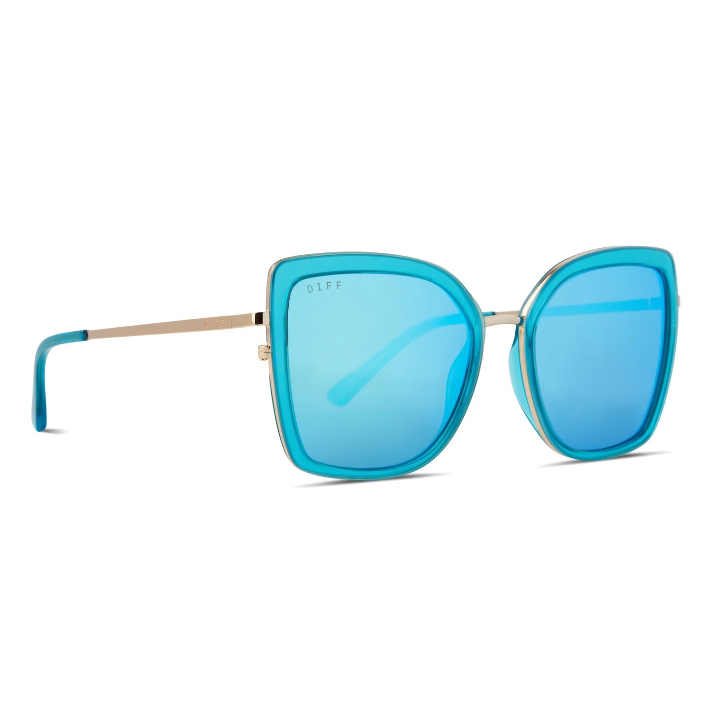 Sunglasses with blue lenses and frames and gold detailing
