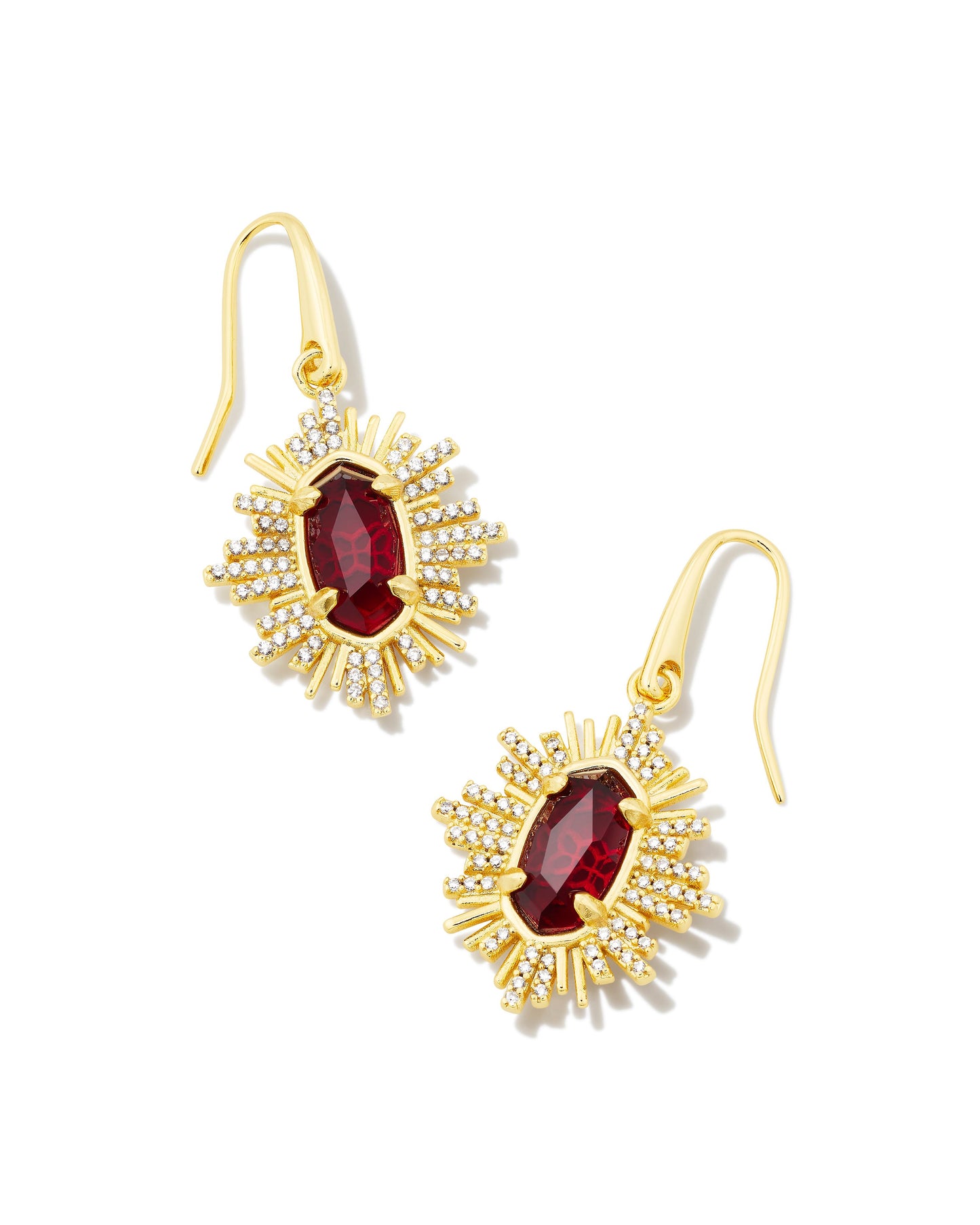 Drop earrings get a touch of vintage glamour in the Grayson Gold Sunburst Drop Earrings. A shimmering sunburst design beautifully frames our iconic stone shape, creating an art deco vibe we’re obsessed with. Lightweight for all-day wear yet elevated with extra sparkle, this pair is perfect for day-to-night styling. Red Glass