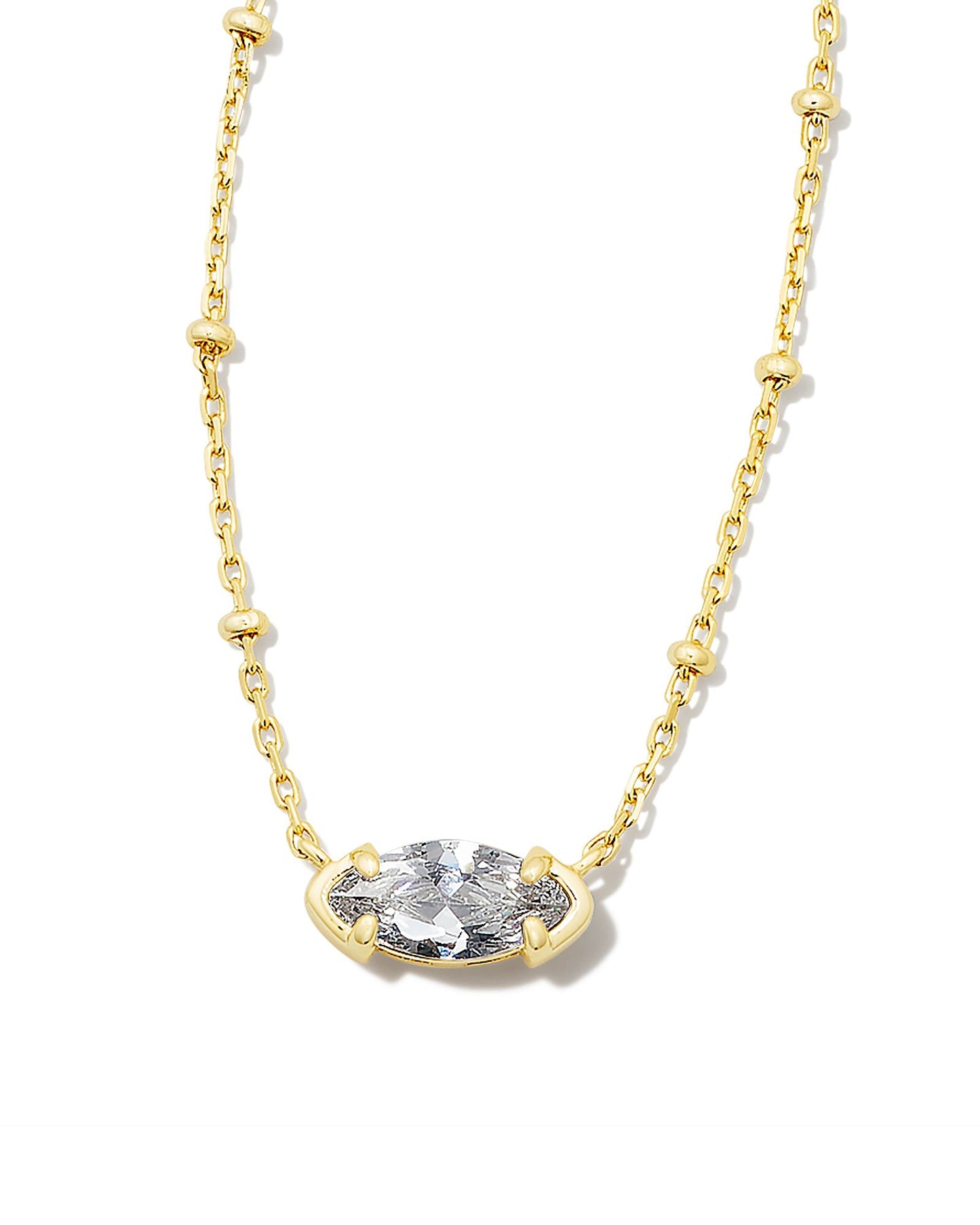 Dainty has never looked so chic. With a trending satellite chain and a petite marquise-shaped crystal, the Genevieve Gold Satellite Short Pendant Necklace in White Crystal is an elegant, must-have piece to add to your necklace collection. Dimensions-15" chain w/ 4" extender, 0.15"Lx0.38"W pendant Metal- 14K Gold plated over brass Closure- Lobster clasp w/ single adjustable slider bead Material- White CZ