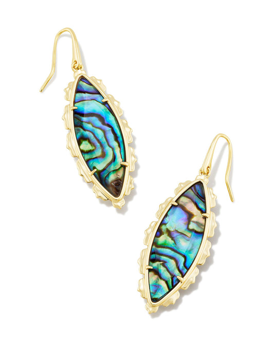 Taking inspiration from vintage KS styles, the Genevieve Gold Drop Earrings are slender, sleek, and oh-so-chic. With petal-like metal detailing surrounding a shimmering marquise stone, these earrings are a new take on classic glamour. Dimensions- 1.22"L X 0.52"W Metal- 14K Gold plated over brass Closure- Ear Post Material- Abalone Color: Blue, green, purple abalone