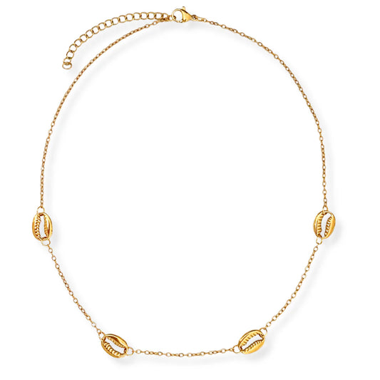 gold choker necklace with 4 seashells spread along the necklace