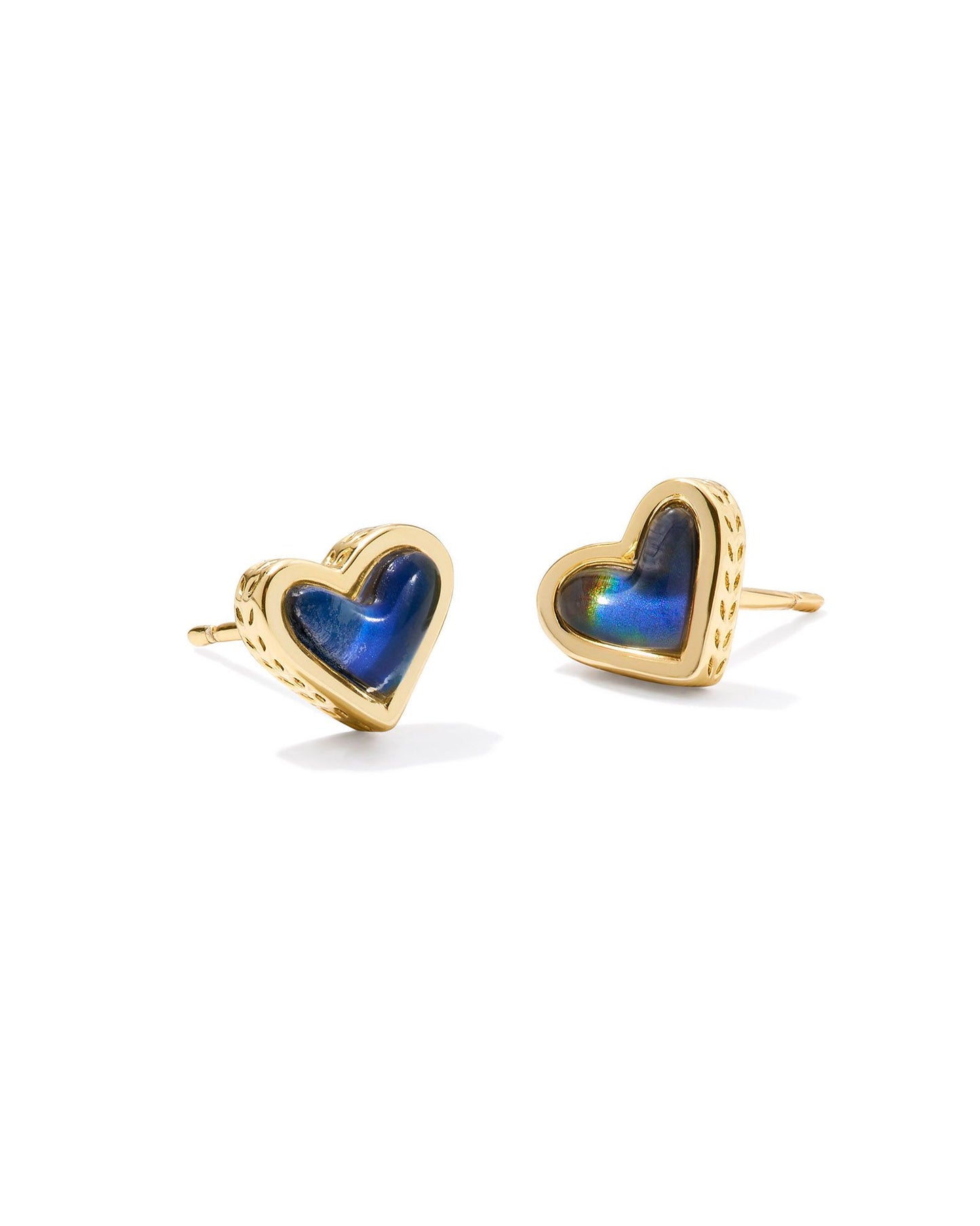gold heart stud earrings with a blue moon stone stoned center