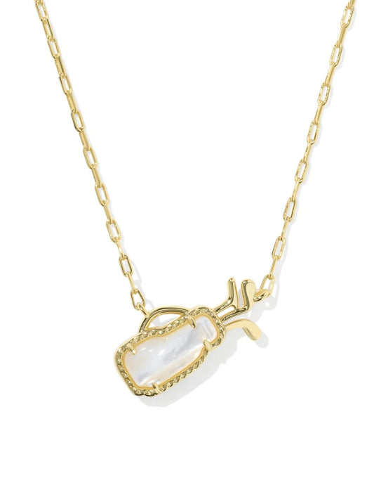 Gold necklace with a golf bag pendant that holds a mother-of-pearl stone.