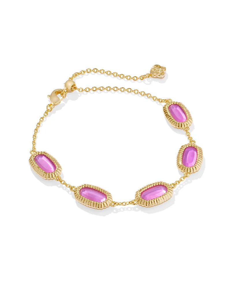 <h3>Metal</h3> <p>14k Yellow Gold Over Brass</p> <p><br></p> <h3>Material</h3> <p></p> <p>Azalea Illusion</p> <p><br></p> <h3>Closure</h3> <p>Lobster Clasp W/ Single Adjustable Slider Bead</p> <p><br></p> <h3>Size</h3> <p><span>8"L , 0.36"W</span></p> gold chain bracelet with pink stones