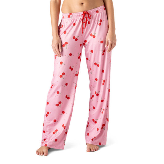 Pink pj pants with cherry print, Relaxed Wide Leg Fit, Full Length, Elastic Waistband With Drawstring Tie