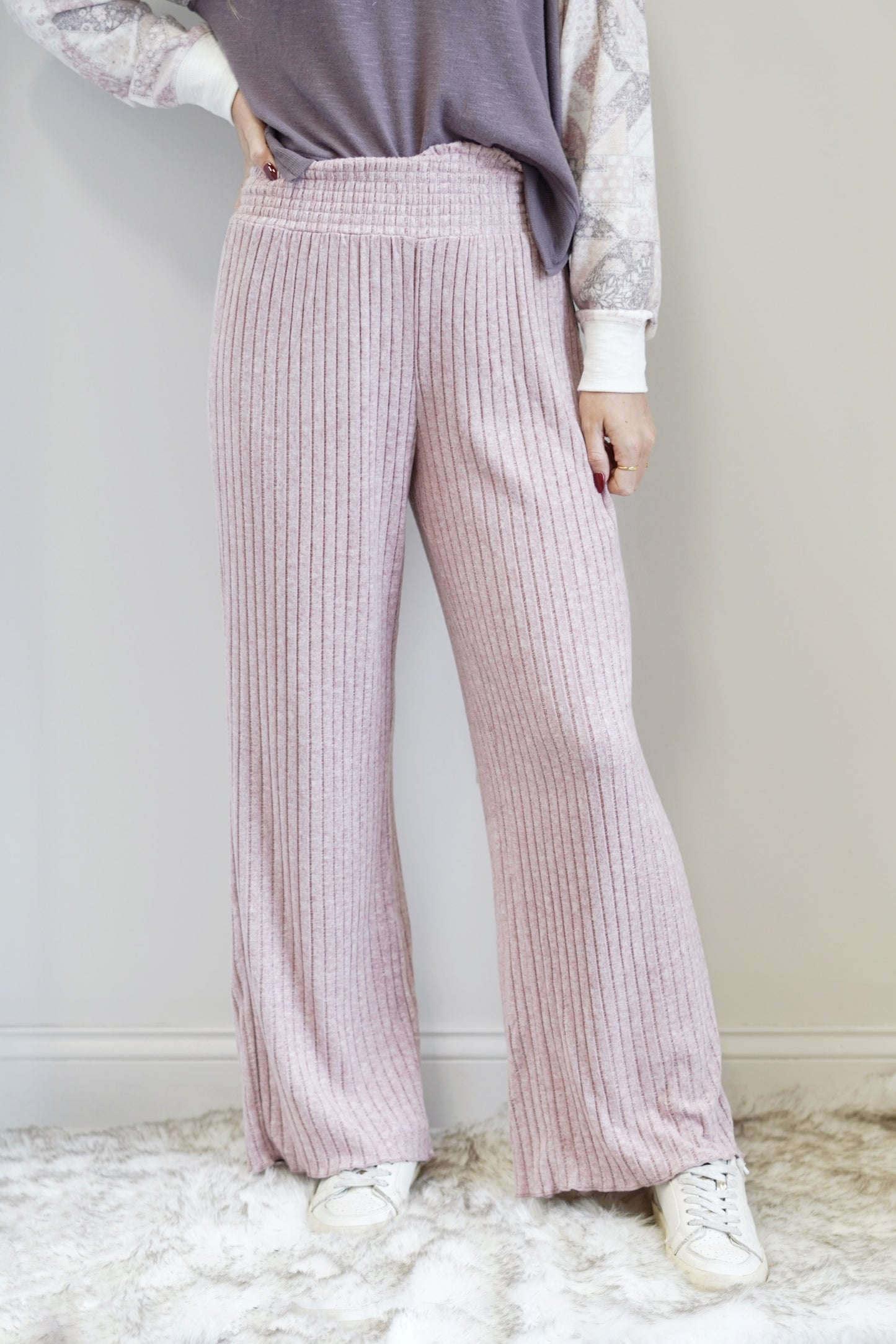 Dawn Smocked Rib Pant Smocked High Waist Full Length Colors: Violet Ribbed Fabric Elastic Waistband Straight Leg 97% Polyester, 3% Spandex
