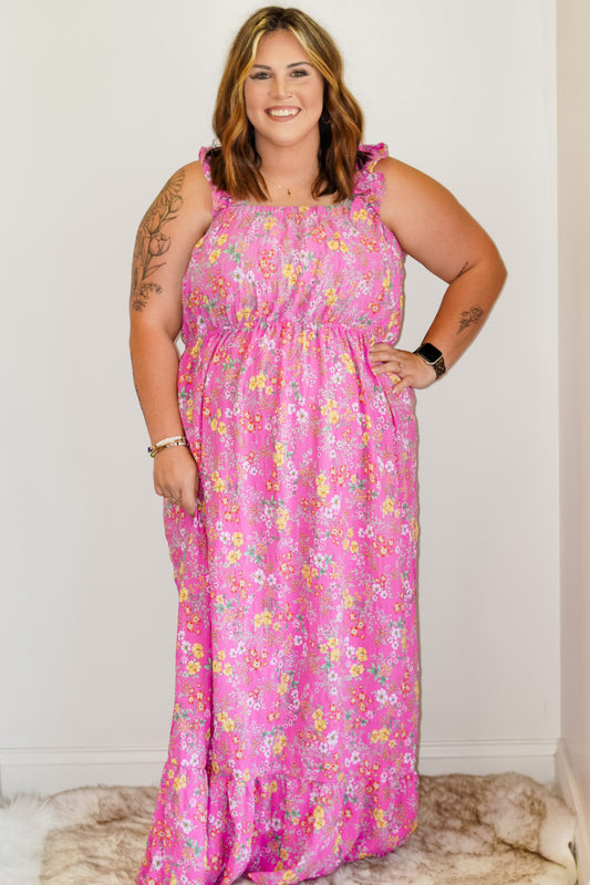 Sasha Lush Floral Bubble Maxi Dress Square Neckline Ruffle Straps Empire Waist Maxi Length Sizes 1XL-3XL 98% Polyester/2% Spandex