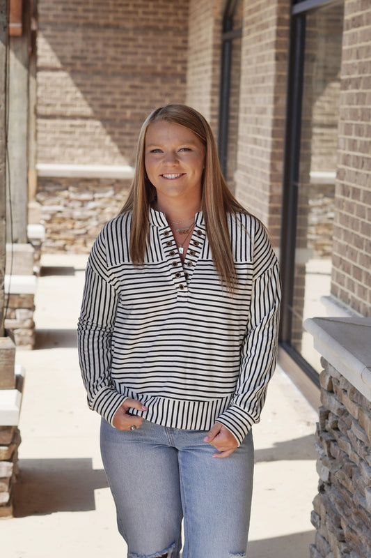 Seaside Stripe Pullover V-Neckline Long Sleeves Striped Color: Ivory Relaxed Fit Skimmer Length True To Size Fabric content: 86% Cotton, 14% Polyester