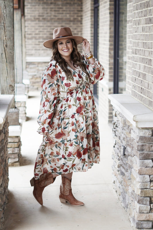 Fiona Floral Lush Neutral Dress V-Neckline Long Sleeves Ivory Color w/ Neutral Floral Print Ruffle Tier Midi Length Ruffled Hem Detail 100% Polyester