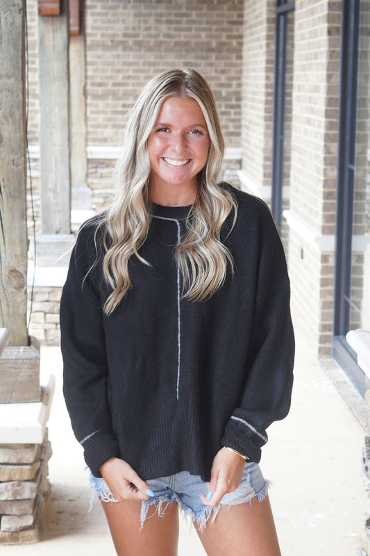 The Line Detail Black Sweater Crew Neckline Long Cuffed Sleeves Color: Black Thin Line Detail Small Side Slits Full Length Relaxed Fit 68% Acrylic, 28% Polyester, 4% Spandex