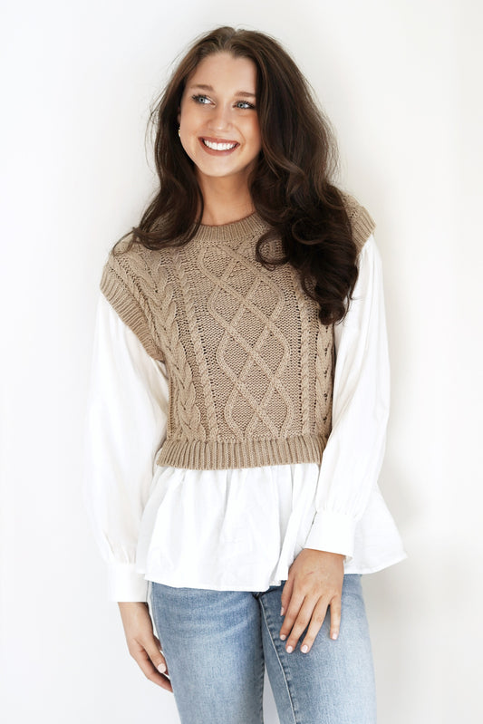 Lynne Layered Sweater Vest Top Round Neckline Sweater Vest Layered Over White Long Sleeve Shirt Vest Color: Mocha Long Cuffed Sleeves Full Length Relaxed Fit 100% Acrylic