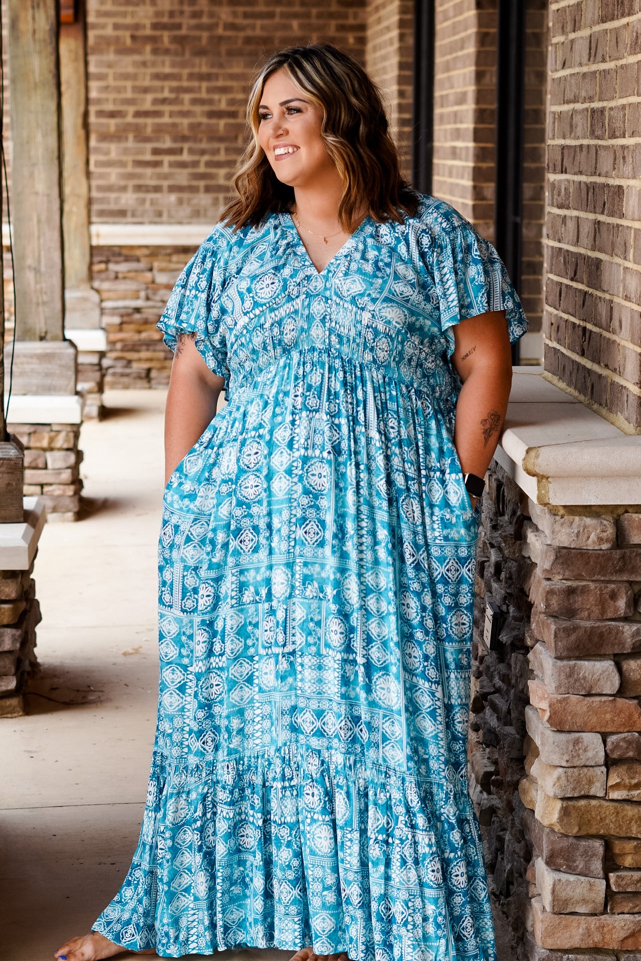 Cassie V-Neck Lush Maxi Dress Elastic v-neck ruffles Sleeve Smocking Detail Ruffle Hemline Maxi Dress 100% Rayon 100% Polyester Hand Wash Cold, Do Not Dry Clean, Do not Iron, Tumble Dry on low if needed