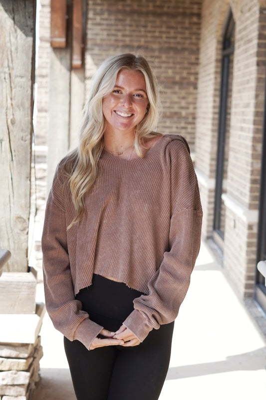 Cozy Cropped Knit Hoodie Hoodie With Draw Strings Long Sleeves Cropped Length Knit Material Raw Hem Colors: Chestnut, Relaxed Fit Lightweight Fabric Content: 100% Cotton