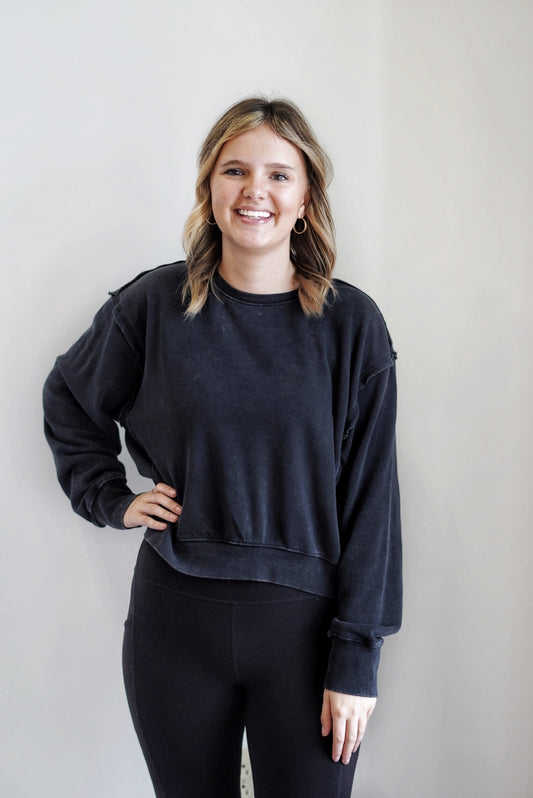 Ellie Exposed Seam Relaxed Crew Neck Crew Neckline Long Cuffed Sleeve Exposed Seam Detail Skimmer Length Colors: Black, Relaxed Fit 80% Cotton, 40% Polyester