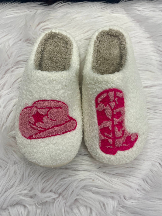 Cowboy Hat And Boot Print Fleece Slippers Fleece Material Cowboy Hat And Boot Print Design True To Size Fit Cream Slipper, Pink Design