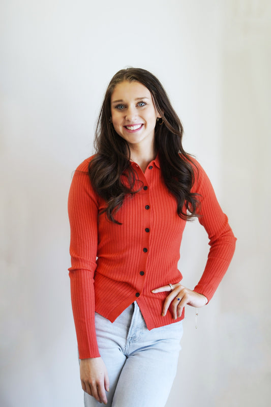 Cali Collared Fitted Cardigan Collared Neckline Button Up Closure Colors: Red, Fitted Full Length 50% Rayon, 30% Polyester, 20% Nylon