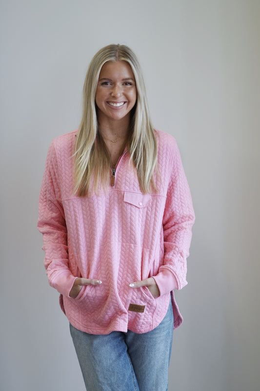 The Minley Cable Knit Pullover Collared Quarter Zip Neckline Long Cuffed Sleeves Cable Knit Stitching One Chest Pocket Kangaroo Pocket Colors: Malibu Pink, Mid-Thigh Length Oversized 73% Polyester, 25% Cotton, 2% Spandex