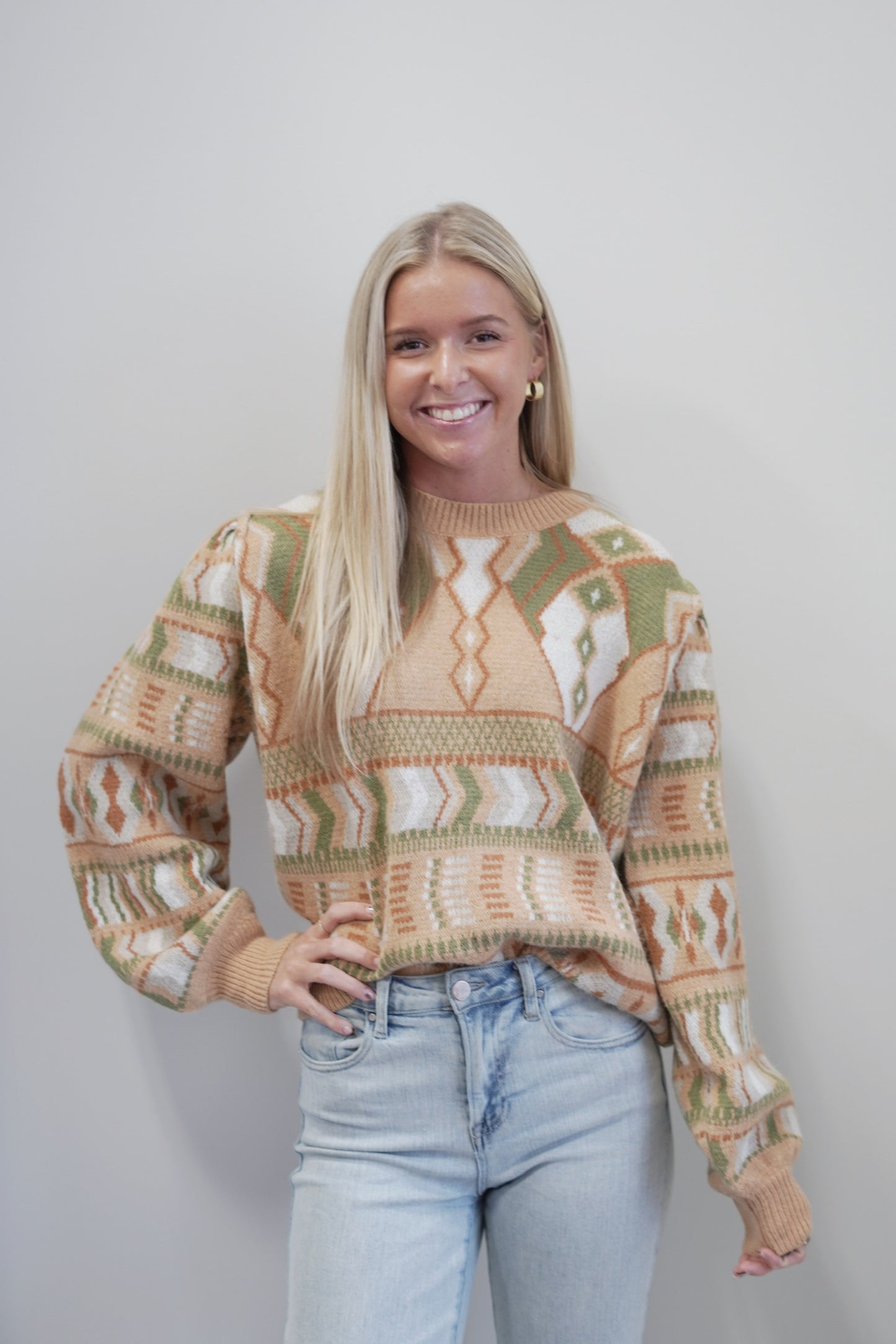 Keep Me Cozy Scandinavian Sweater Round Neckline Subtle Puff Sleeve Long Sleeve w/ Cuffs Scandinavian Pattern Colors: Camel, Sage, Cream, Brown Full Length Relaxed Fit 52% Acrylic, 35% Cotton, 13% Polyester