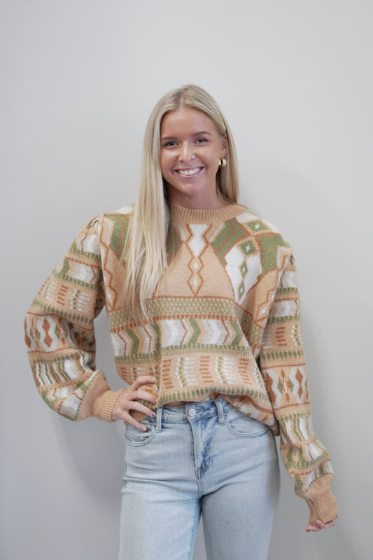 Keep Me Cozy Scandinavian Sweater Round Neckline Subtle Puff Sleeve Long Sleeve w/ Cuffs Scandinavian Pattern Colors: Camel, Sage, Cream, Brown Full Length Relaxed Fit 52% Acrylic, 35% Cotton, 13% Polyester
