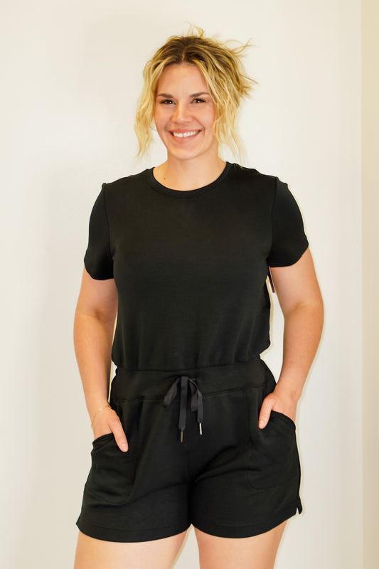 Monica AirEssentials Short Sleeve Romper Insider Tip! For the best fit for our Rompers, we recommend selecting your size based off your tops measurements Light-as-air fabric Fine knit structure offers maximum softness Optimal air flow and circulation for all-day comfort 4-way stretch for easy movement Cinch waist design with draw string for custom fit Body: 47% Modal, 46% Polyester, 7% Elastane. Pockets: 80% Polyester, 20% Elastane.