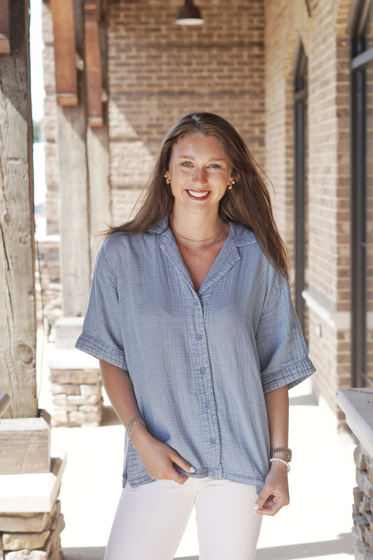 Wave Breaker Gauze Shirt Collared Neckline Short Sleeves Color: Deep Indigo Gauze Material Full Length Relaxed Fit 100% Cotton