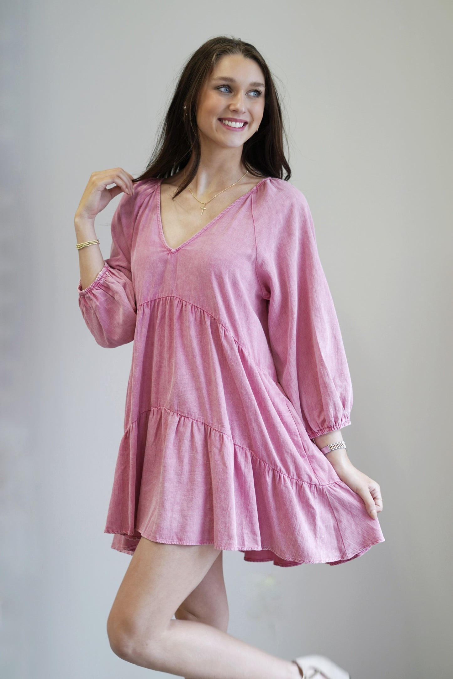 Valery V Neck Dress V-Neckline Half Sleeve Color: Pink Washed Tiered Dress Knee Length Babydoll Fit 100% Cotton Lining, 100% rayon