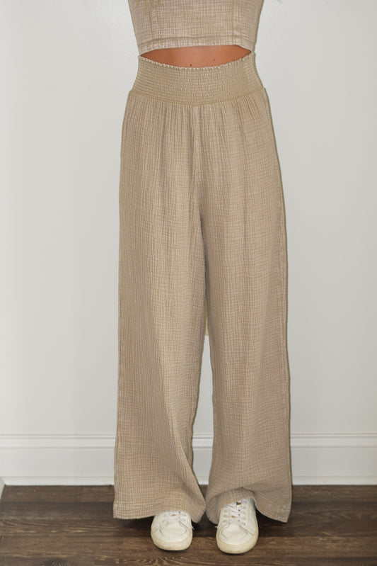 Cassidy Gauze Full Length Pant Smocked Waistline Full Length Dune Color Loose Fit Gauze Material