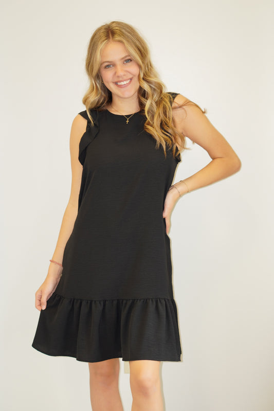 Bliss Butterfly Sleeve Mini Dress Round Neckline Black Color Ruffle Hem Sleeveless w/ Ruffle Detail Above the Knee Length 100% Polyester