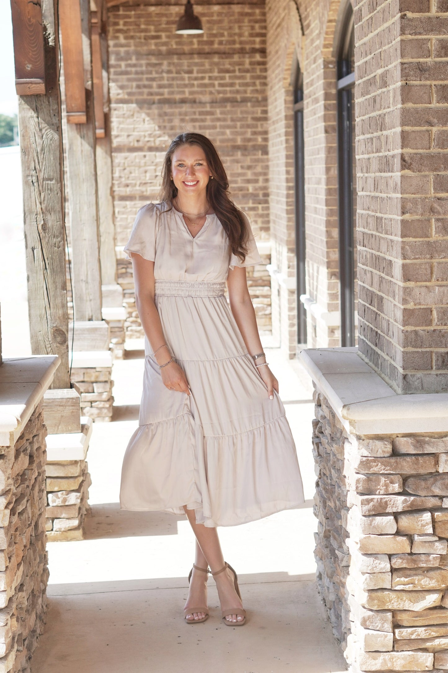 Cecily Split Neck Midi Dress Short Sleeves Split V-Neckline Gathered Elastic Waistband Color: Ivory Midi Length A-Line Fit 100% Polyester