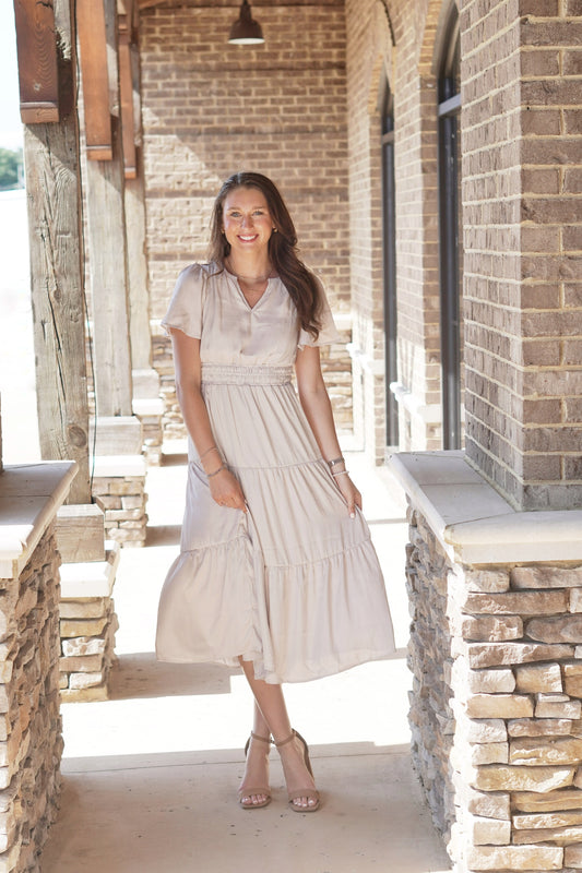 Cecily Split Neck Midi Dress Short Sleeves Split V-Neckline Gathered Elastic Waistband Color: Ivory Midi Length A-Line Fit 100% Polyester