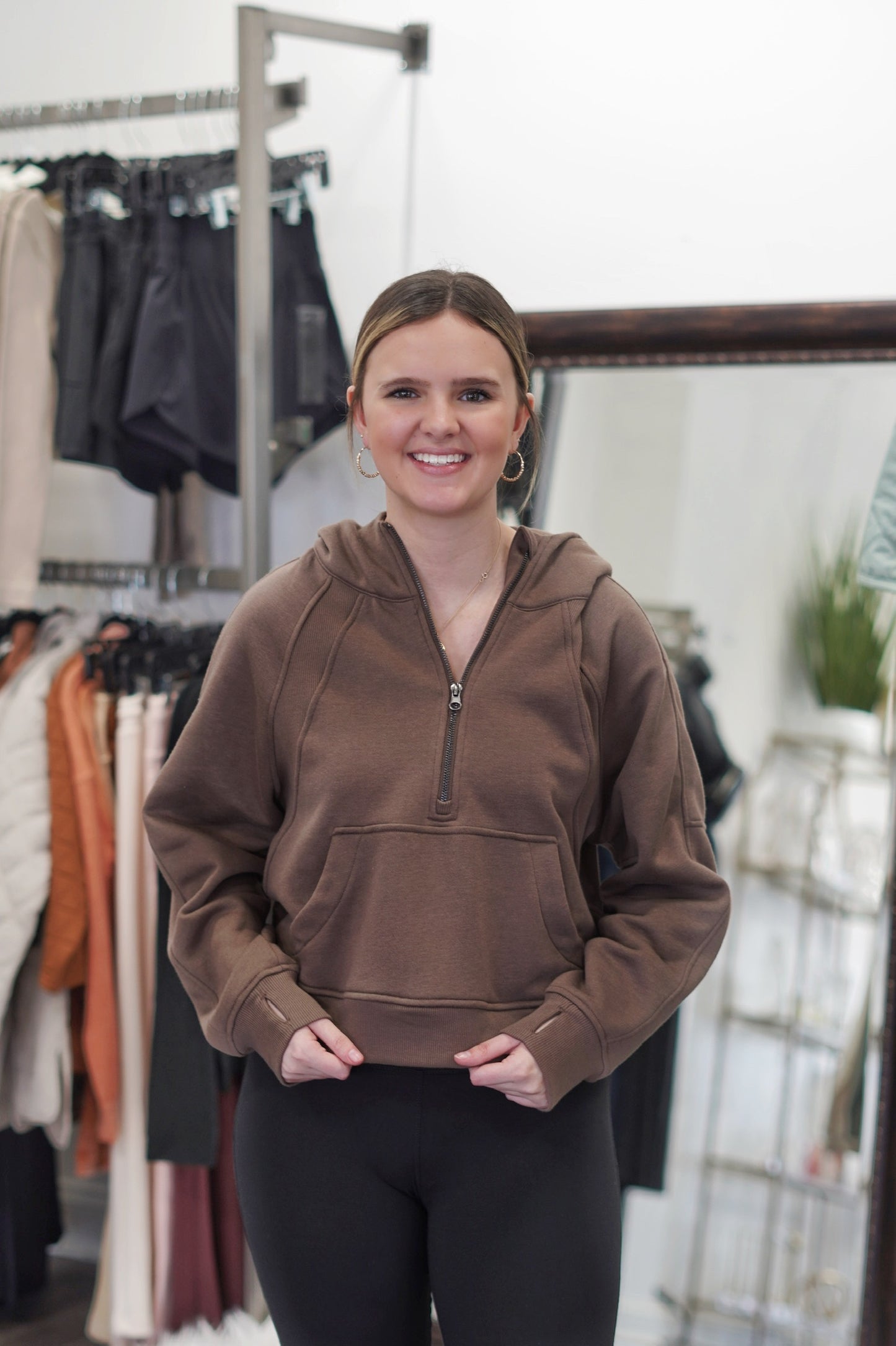 Sarah Scuba Hooded Sweatshirt Quarter Zip Long Cuffed Sleeves Kangaroo Pocket Colors: Coffee Skimmer Length Relaxed Fit 70% Polyester, 30% Cotton