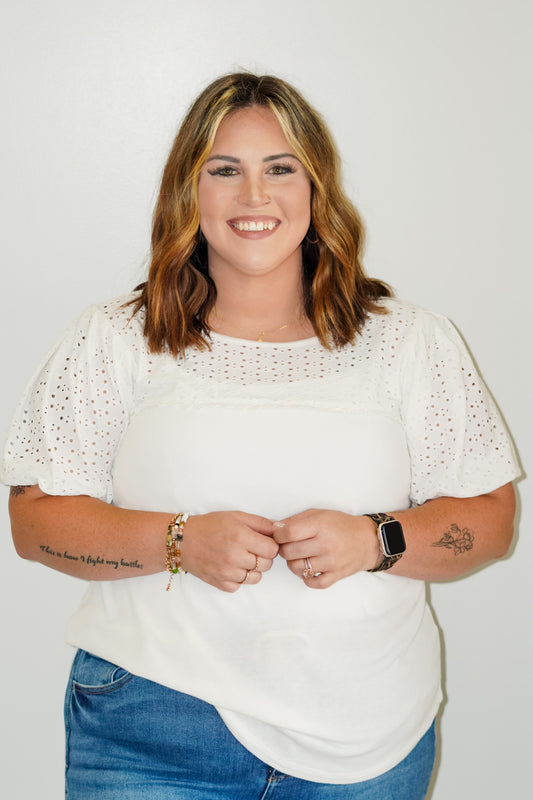 Penny Lush Eyelet Bubble Sleeve Blouse Eyelet detail on sleeves and neckline Round Neckline Relaxed Fit Longer Length Sizes 1XL-3XL Body: 62% Polyester, 34% Rayon, 4% Spandex/Contrast: 97% Polyester, 3% Spandex