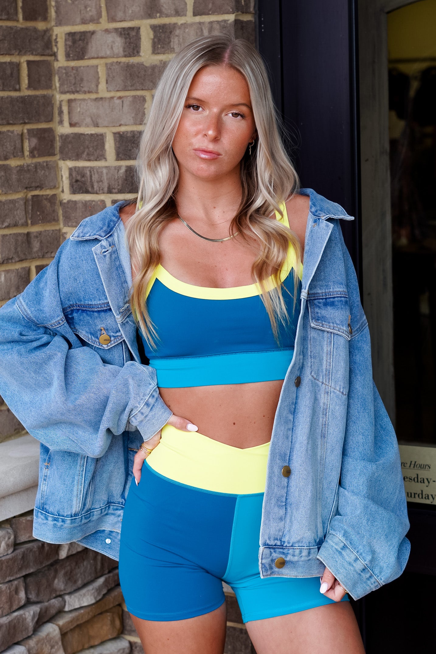 These Color Block Biker Shorts are so cute and unique! Looking for a pair of workout shorts that will have you you feeling confident and standing out from everyone else? These are perfect! Color Block Biker Short Crossover Waistband Blue and Yellow Contrast Colors Biker Short Length