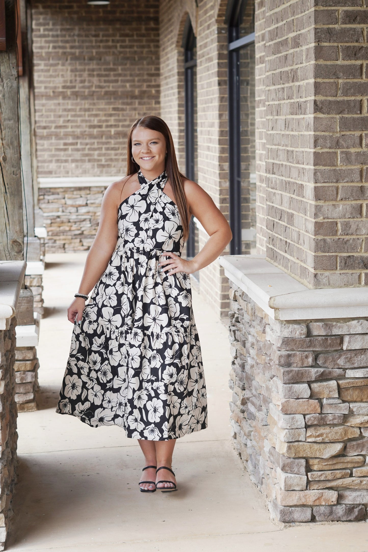 Florence Halter Neck Midi Dress Halter Neckline Tie Closure On Back Of Neckline Sleeveless Color: Black Cream Floral Print Detail Open Back Midi Dress Fabric Content: 100% Cotton, 100% Rayon