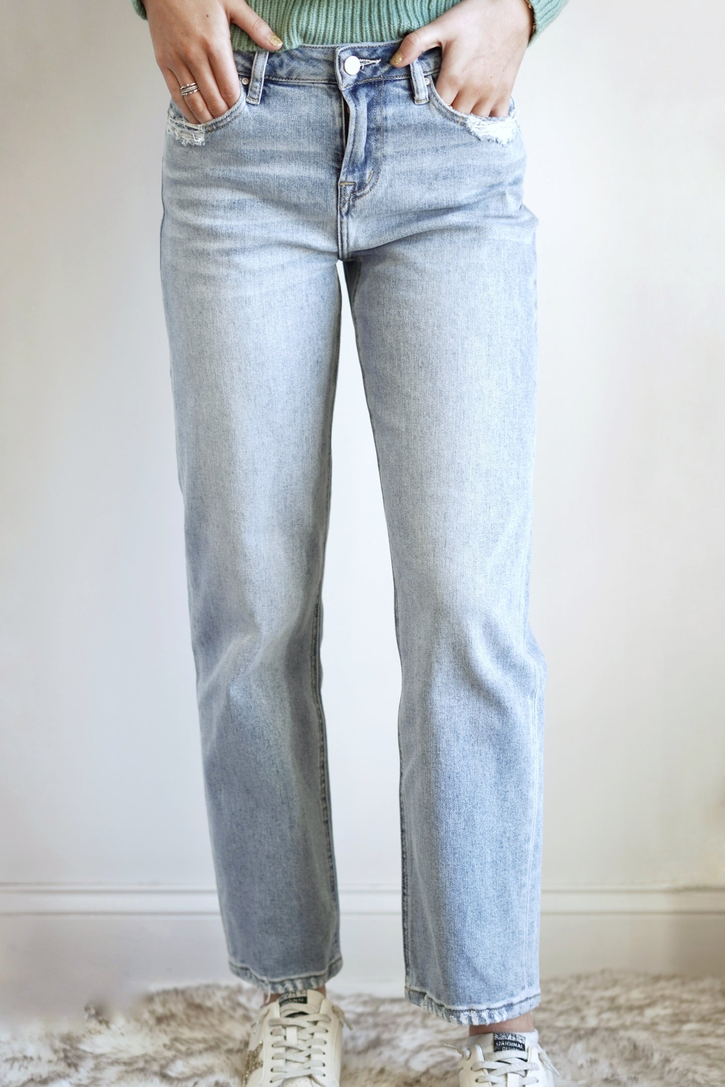 Harper High Rise Straight Leg Jeans High Waisted Full Length Straight Leg Light Wash Zipper Fly Closure 95% Cotton, 4% Polyester, 1% Spandex