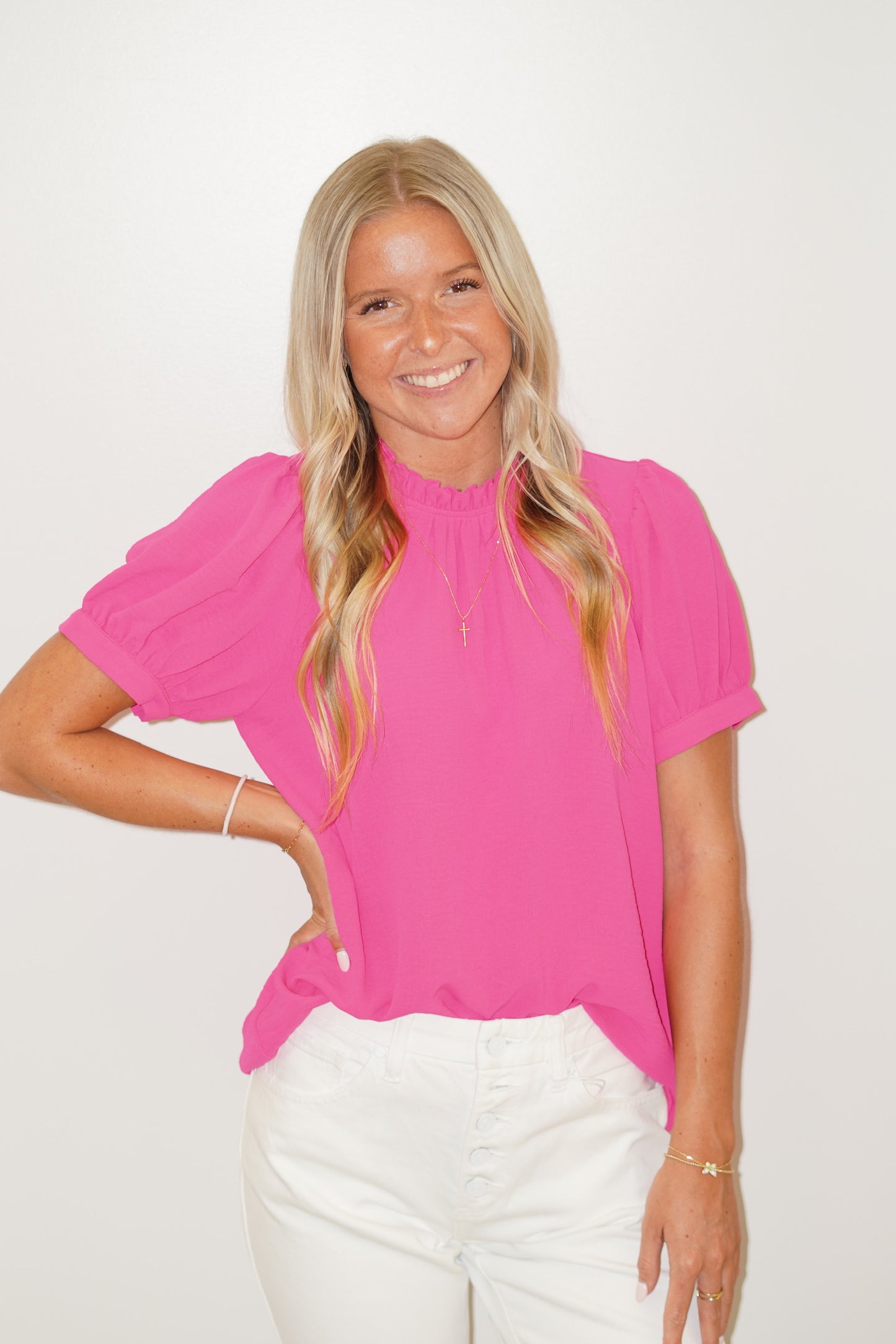 Henley Hot Pink High Neck Top Round Ruffle Neckline Short Puff Sleeves Hot Pink Color Full Length Relaxed Fit 100% Polyester