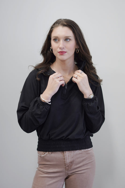 Callie Quarter Zip Hoodie Quarter Zip Collar Long Sleeve Kangaroo Pocket Elastic Band Colors/ Black, 84% Poly Microfiber, 16% Spandex, Exclusive of trim and elastic.