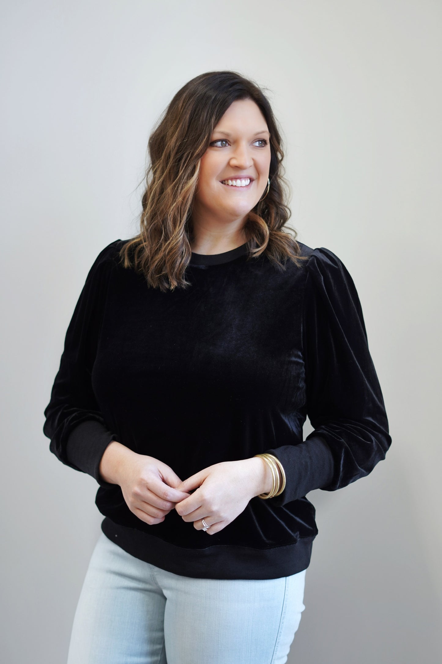Sienna Subtle Puff Sleeve Velvet Lush Top Crew Neckline Long Cuffed Sleeve Black Velvet Color Subtle Puff Sleeve Detail Relaxed Fit Full Length 100% Polyester Care: Hand wash cold, Do not bleach, Low iron if needed, Do not bleach, Lay flat to dry