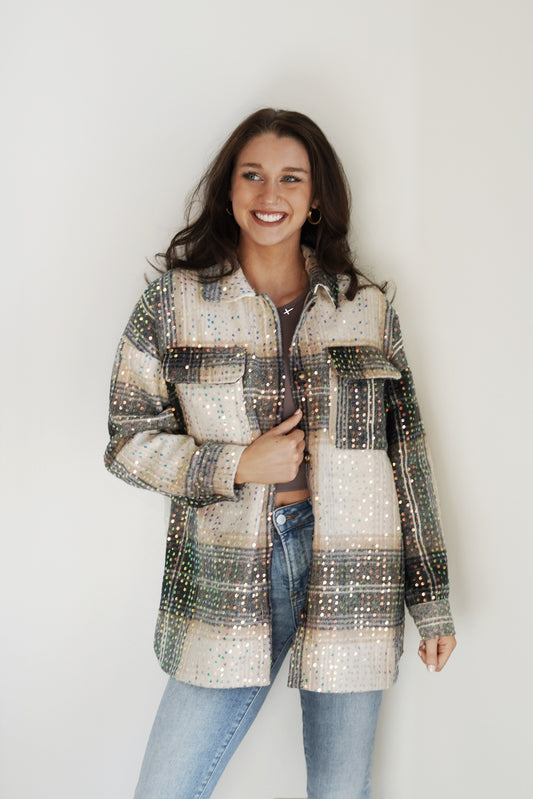 Showstopper Sequin and Plaid Shacket Collar Neckline Long Cuffed Sleeves Button Down Colors: Mocha, Grey, White, Beige Sequin Detailing Front and Bottom Pockets Full Length Oversized Fit 100% Polyester