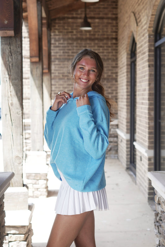 Happy-Go-Lucky Hooded Sweater High Neck Hoodie Neckline Long Cuffed Sleeves Brushed Melange Fabric Full Length Relaxed Fit 82% Polyester, 15% Rayon, 3% Spandex ocean blue