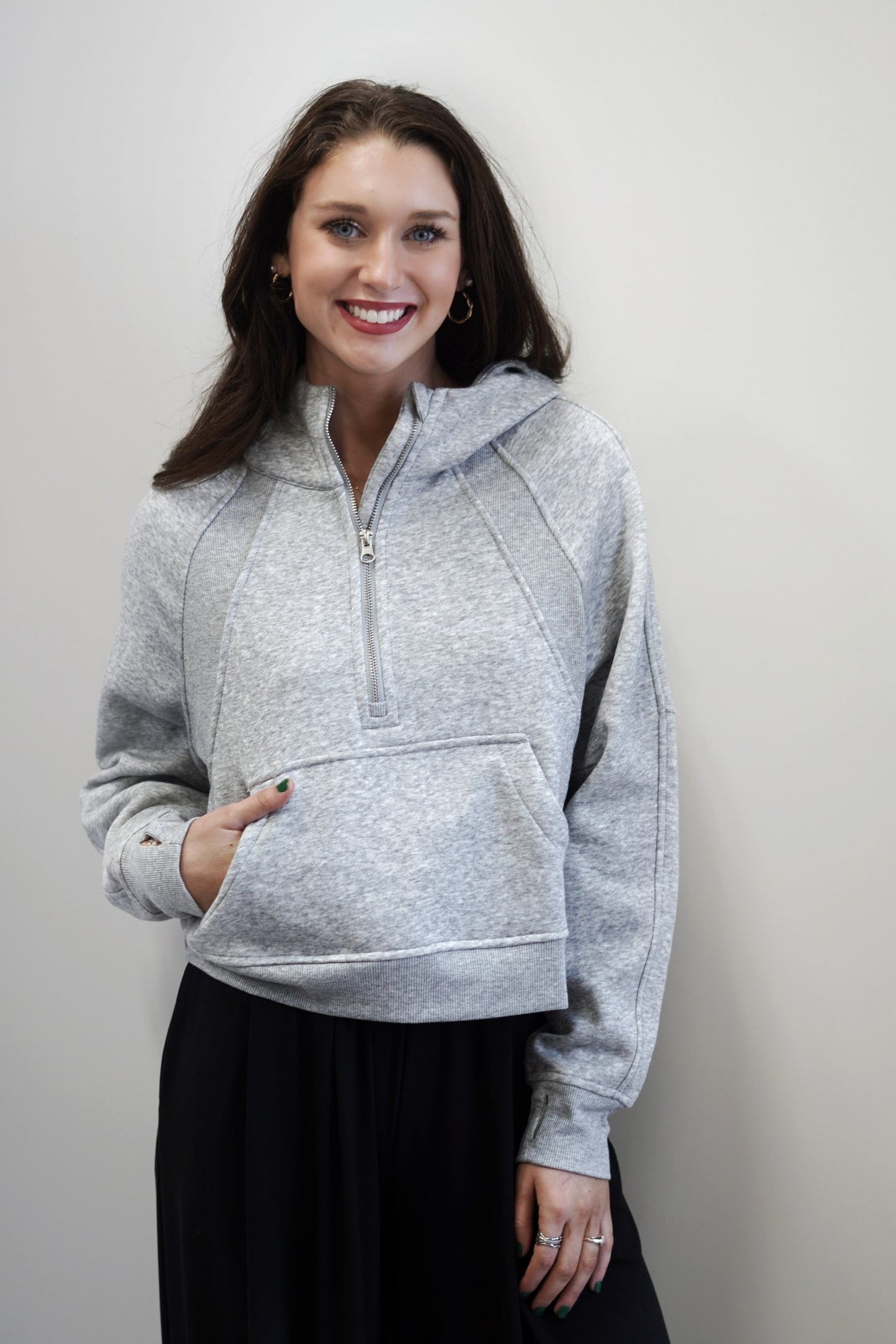 Sarah Scuba Hooded Sweatshirt Quarter Zip Long Cuffed Sleeves Kangaroo Pocket Colors: Heather Grey,  Skimmer Length Relaxed Fit 70% Polyester, 30% Cotton