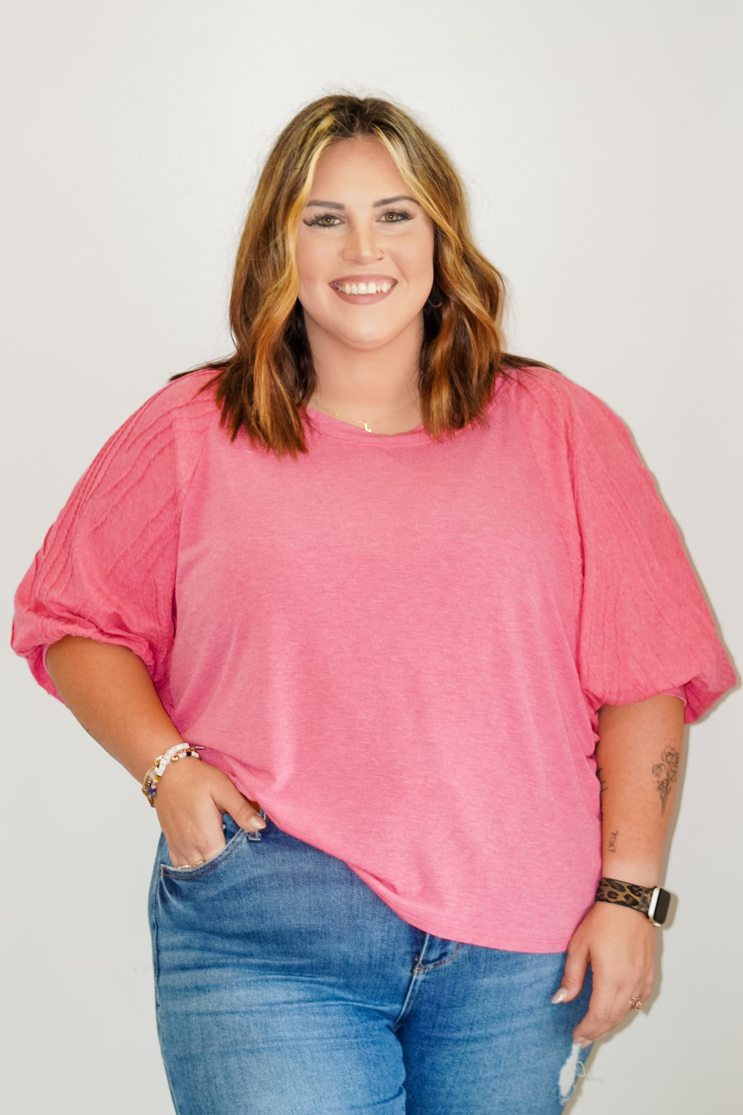 Sarah Lush Relaxed Top with Stitched Sleeves Round Neckline Bubble Middle Length Sleeves with Stitched Detail Relaxed Fit Sizes 1XL-3XL 62% Polyester, 34% Rayon, 4% Spandex